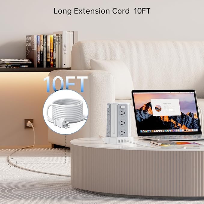 Power Strip Surge Protector, 10 Ft Extension Cord with 12 AC Multiple Outlets 4 USB (1 USB C), SMALLRT Power Tower Desktop Charging Station