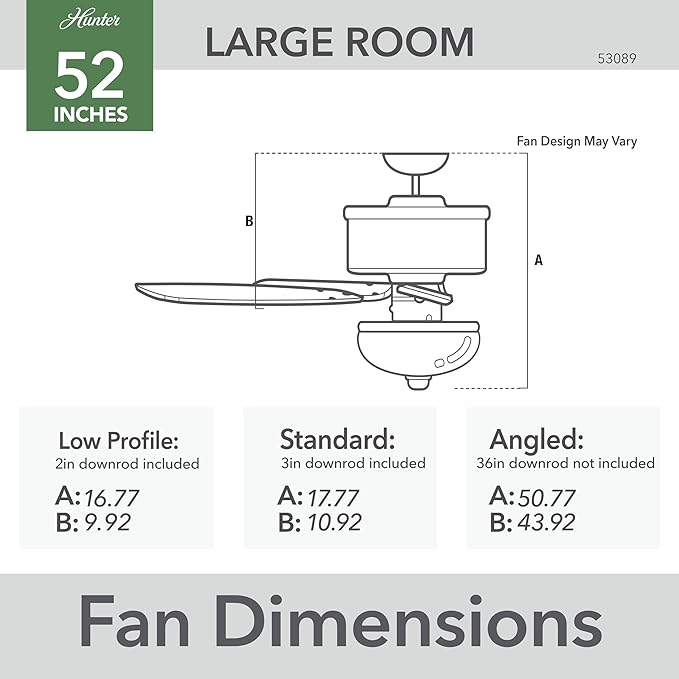 Hunter 52 inch Indoor Ceiling Fan with LED Light - White Ceiling Fan with Pull Chain, For Bedroom or Living Room, Standard Mount, No Remote, 5 Blades, Includes Bulbs - Builder Deluxe 53089, White