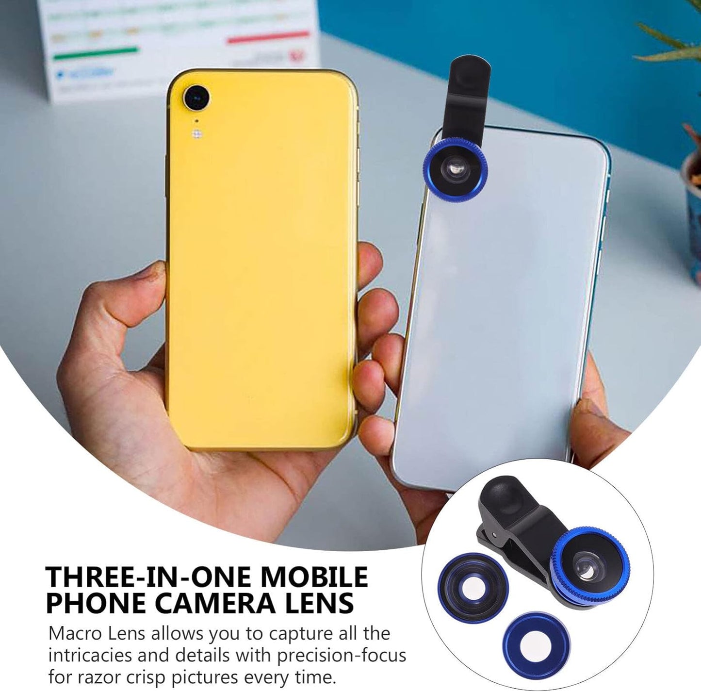Hemobllo Phone Camera Lens - 3 in 1 Kit, 180° Fish Eye + 0.67X Wide Angle + Macro Lens, Universal Clip