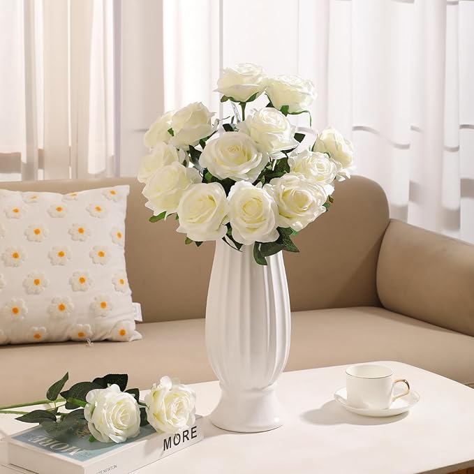 JUSTOYOU 30PCS Artificial Roses Silk Flowers in Bulk, Realistic White Fake Roses for Wedding Decorations, Home Decor, Centerpieces, Indoor Floral Arrangements
