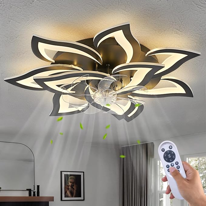 Modern Ceiling Fan with Lights Remote Control, 32" Black Ceiling Fan with Light, 6 Speeds 3 Light Color Low Profile Flush Mount Ceiling Fan for Kitchen Bedroom