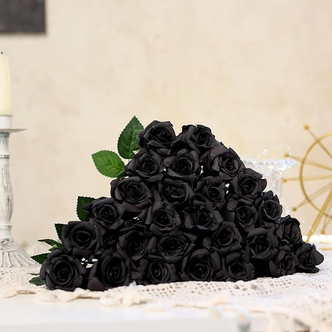 FOTEEWL 60 Pcs Artificial Rose Flower Realistic Faux Silk Roses Stem Fake Roses Bouquet for Flower Arrangement,Wedding Centerpieces,Party,Home Decor,Halloween Decorations (Black)