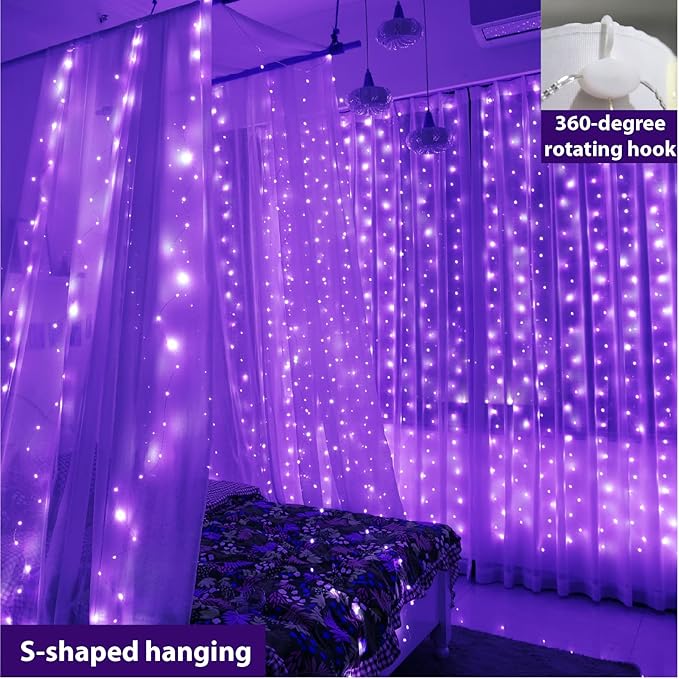 ZSJWL Curtain Lights, 300 LED Curtain Fairy Lights with Remote, 8 Modes 9.8 × 9.8 Ft Curtain String Lights, Waterproof, USB Plug in, Copper Wire Lights for Bedroom Window Chrismas Party, Purple