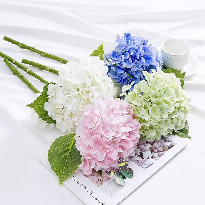 Waipfaru 21" Real Touch Dark Blue Hydrangea Artificial Flowers with Long Stem & Leaves, Full Latex Faux Hydrangea Flowers for Home Decor Party Floral Arrangements Wedding Bouquets Centerpieces, 4Pcs