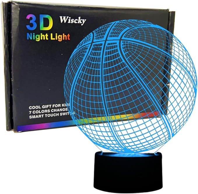Wiscky Basketball 3D Illusion Lamp, LED Night Lights for Kids Birthday Gift 7 Color Changing Touch Switch Xmas Decoration Nightlight Children Room Bedroom Decorations Toys for Sports Theme Fans