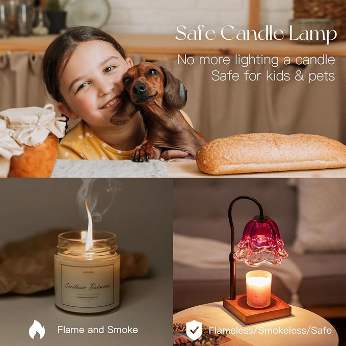 Candle Warmer Lamp with Timer: Purple Flower Candle Warming Lamp with 2 Bulbs Vintage Height Adjustable Wax Warmer Dimmable Gothic Halloween Decor Gift for Women