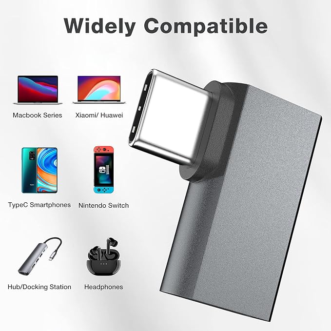 UseBean USB-C 90 Degree Adapter 4Pack, USB C Right Angle Adapter, 100W 20Gbps 4K Video, USBC Male to Female USBC L Shape Extender, for iPhone 16 15, MacBook, ROG Ally, Steam Deck, Switch, Galaxy S25