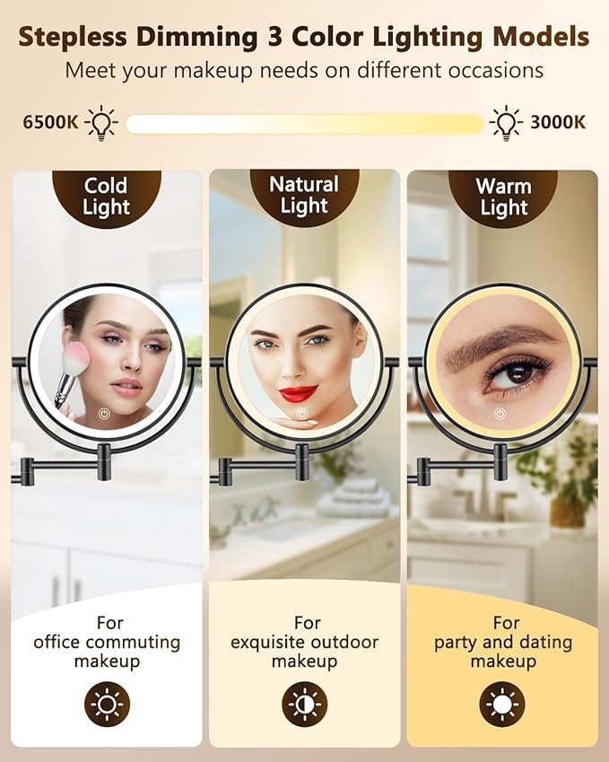 ALHAKIN 9" Wall Mounted Lighted Makeup Mirror, Large Rechargeable 1X/10X Magnifying Mirror with 3 Color Lights Dimmable, 360° Rotation, Nickel