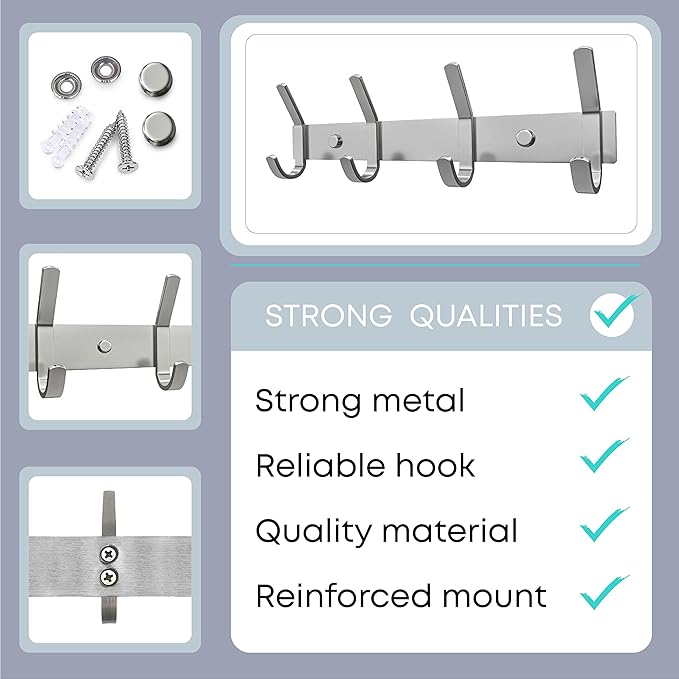 Coat Rack Wall Mount – Brushed Nickel 12 Inch Stainless Steel Hook Rail with 4 Heavy Duty Double Coat Hooks – Wall Mounted Coat Hanger for Entryway, Bathroom, Bedroom, Towel, Hat Organizer