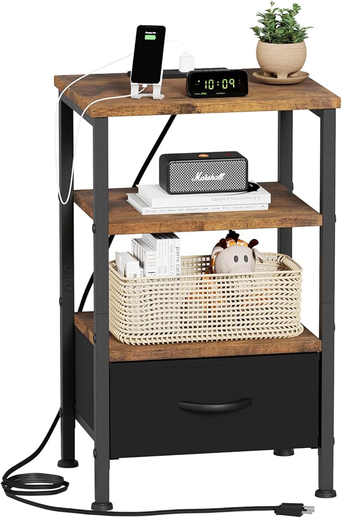 Fixwal Night Stand with Charging Station, Adjustable Bed Side Table with Fabric Drawer, Farmhouse End Table, Bedside Table with Storage, Rustic Brown