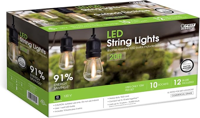 Feit Electric LED String Lights, 20ft Commercial Grade and Shatter Resistant String Lights with 10 Outdoor Sockets, Linkable, 15,000-Hour Lifetime, Wet Rated, SL20-10/FIL, 12 Bulbs Included