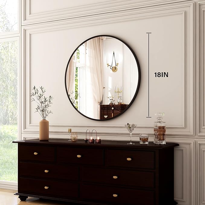 HARRITPURE Round Mirror 18 Black Wall Mounted Circle Mirrors Vanity Mirror with Brushed Aluminum Alloy Frame Modern Decoration for Bathroom, Living Room, Vanity, Bedroom, Entryway