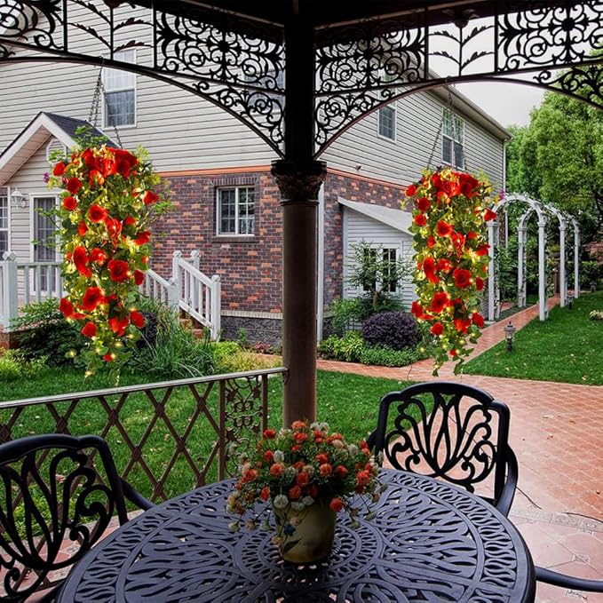 RECUTMS Hanging Flowers Artificial Hanging Rose Flower 2PCS 3.3Ft for Outdoors with 30 LED Fairy String Lights for Indoor Wall Wedding (Red)