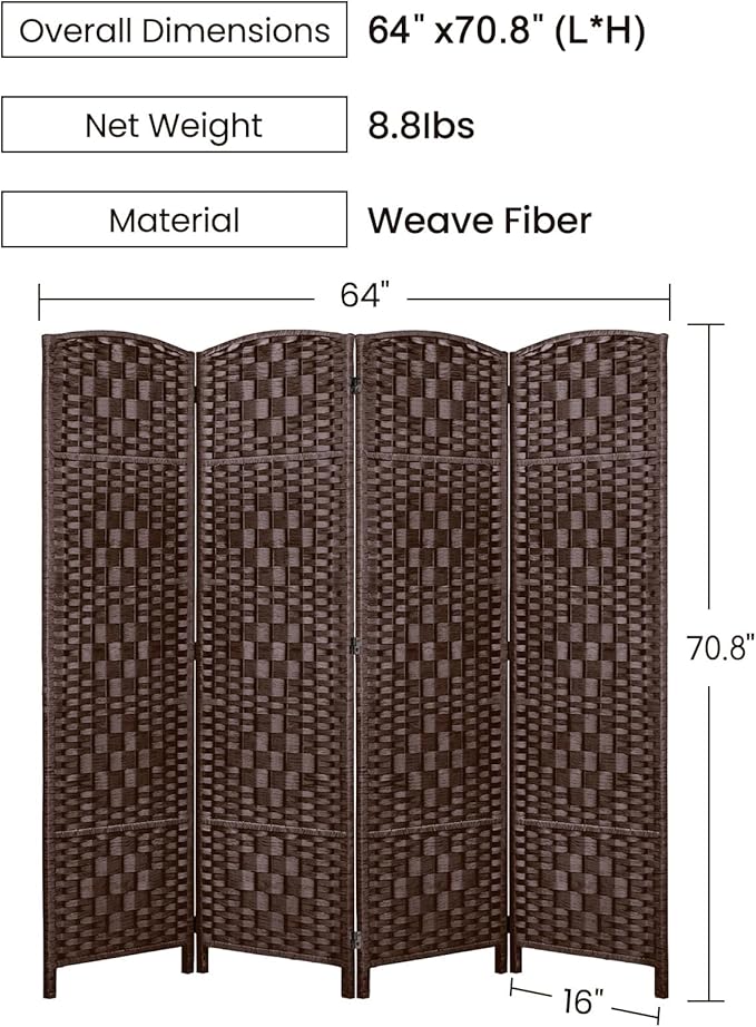 Rose Home Fashion Room Divider, 6 ft Tall Room Dividers and Folding Privacy Screens, 16in Privacy Screen 4 Panel Brown Space Temporary Wall Foldable Partition Separation
