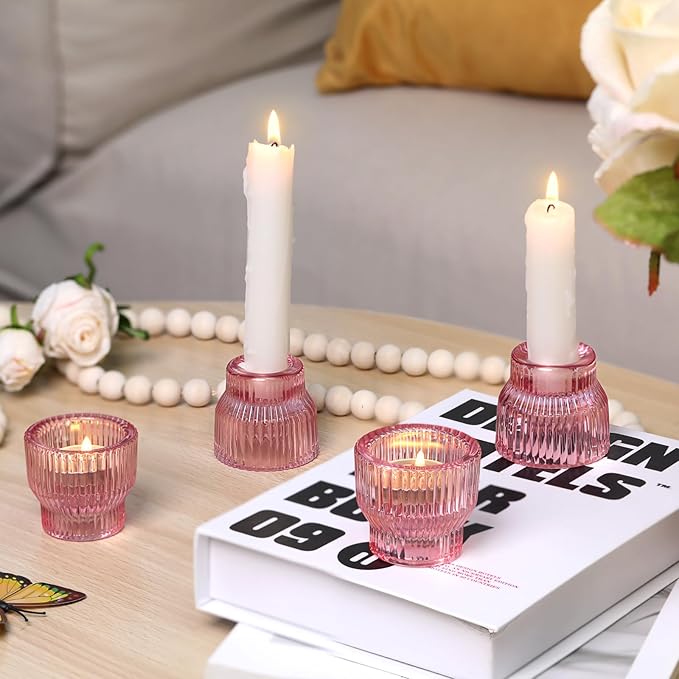 12pcs Pink Taper Candle Holders, Glass Candlestick Holders, Tea Light Candle Holder for Wedding Centerpieces Table Decorations, Votive Candle Holders for Baby Shower