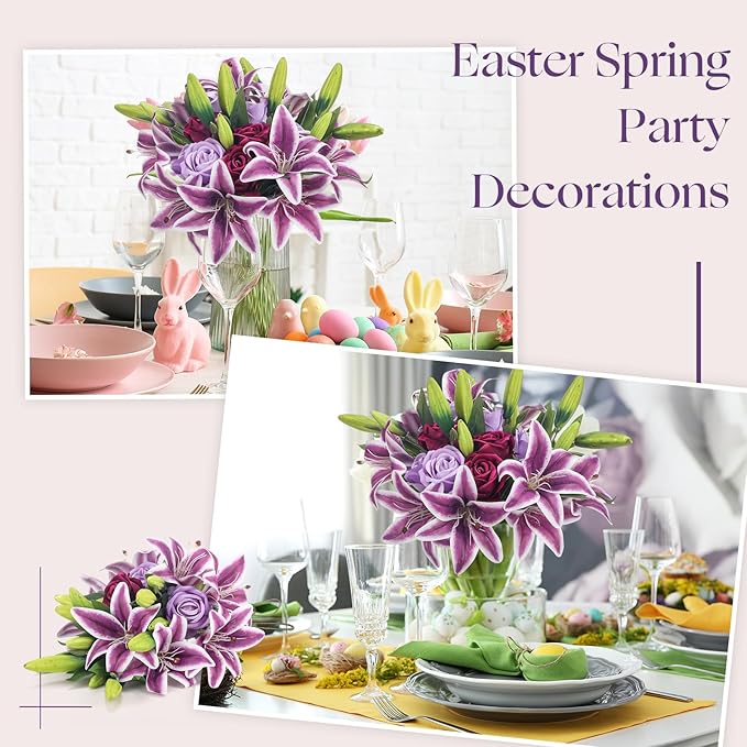 Hotop 20 Pcs Artificial Flowers Velvet Realistic Roses and Latex Lilies Flowers Bouquet Decorations Arrangements for Home Table Centerpieces Independence Day(Violet, Light Purple,Purple)