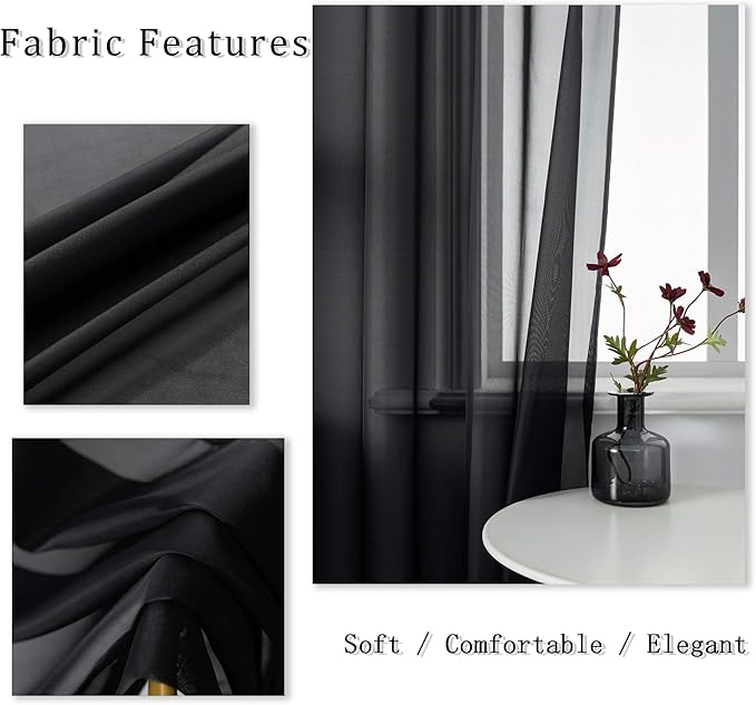 DUALIFE Gorgeous Black Sheer Curtains 63 Inch Length for Bedroom Set of 2 Panels Grommet Semi Voile Window Drapes Elegant Office Curtains for Men Living Room 52x63 Inches Long