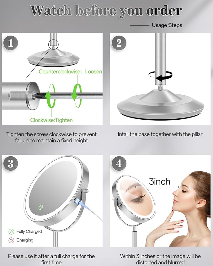 Makeup Mirror with Lights, 1X/30X Lighted Magnifying Mirror Height Adjustable, 3000mAh Rechargeable Double Sided Vanity Mirrors with 3 LED Lighting and Adjustable Brightness for Desk Women Gift