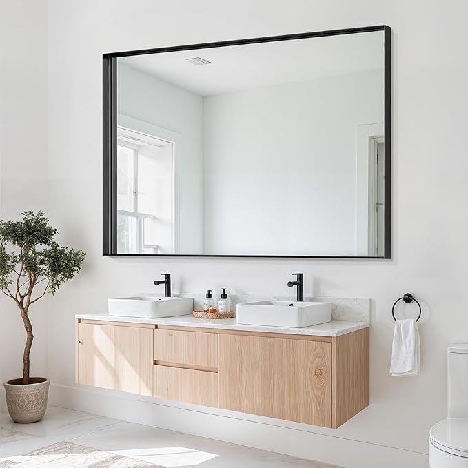 Suidia Bathroom Mirror, 55" x 36" Wall Mirror Metal Framed, Bathroom Vanity Mirror for Living Room Bedroom Bathroom Entryway, Black, Rect Corner Style