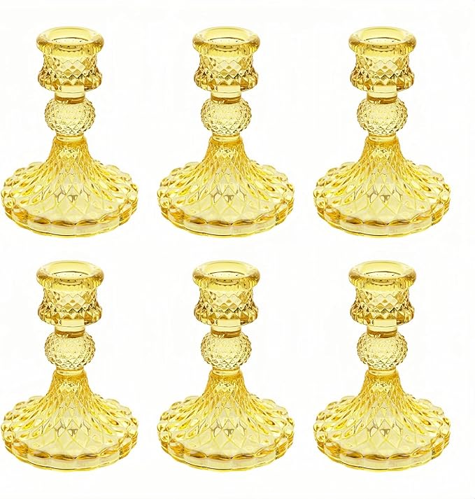 Glass Candlestick Holder,Striped Taper Candle Holders,Set of 6 Candle Stand for Table Centerpieces, Home Decor,Weddings,Festival and Parties (Yellow Dimond)