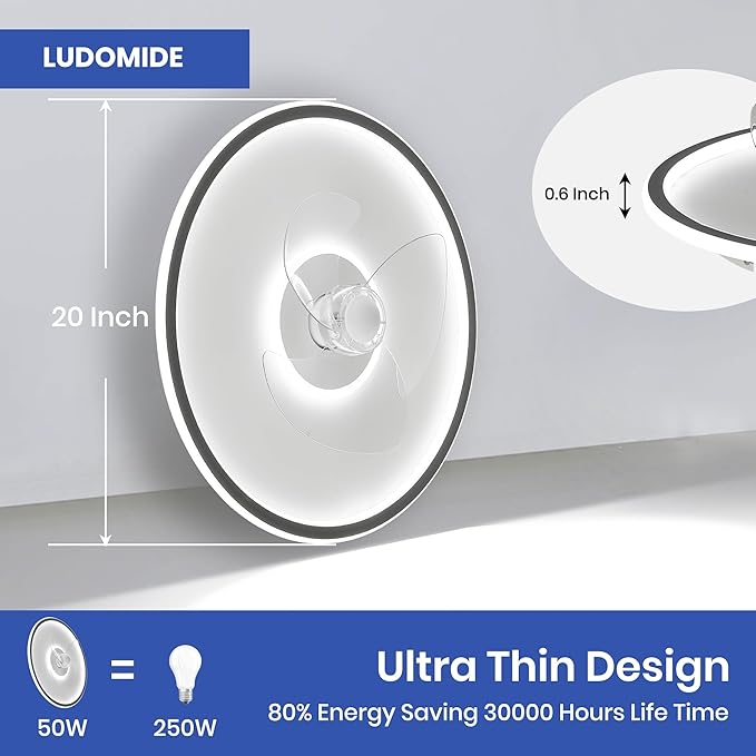 20" Flush Mount Ceiling Fan with Lights and Remote, 6 Wind Speeds, Dimmable LED for Bedroom, Kids Room and Living Room