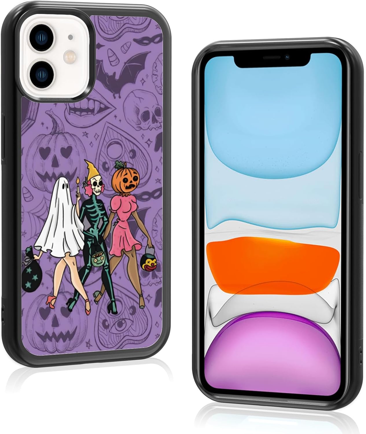 Halloween Spooky Ghost Phone Case for iPhone 11, TPU Shockproof Protective Cover with Eyeball Bat Bones Design - Gift