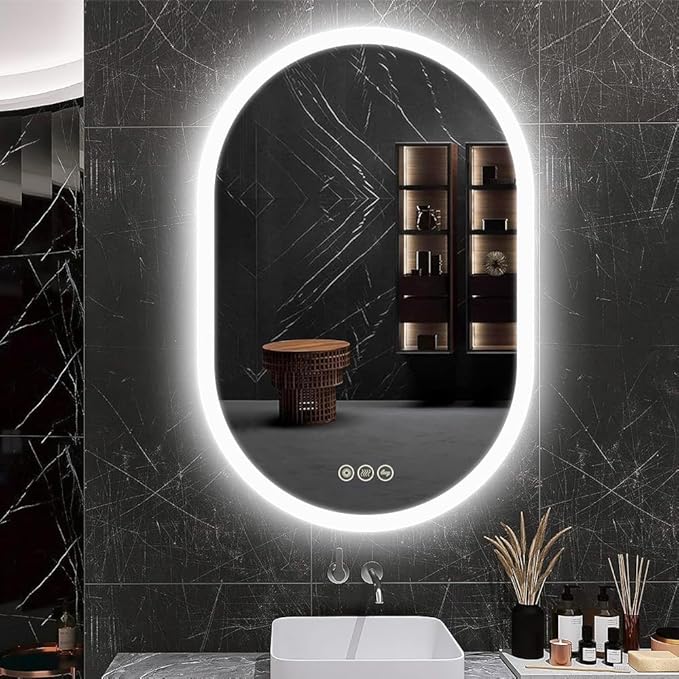 Bathroom LED Oval Mirror, 24 x 36 inches, Wall Mount, 3 Colors, Stepless Dimmable, Anti-Fog, Backlit, Frameless Frosted Edge, Home Mirror