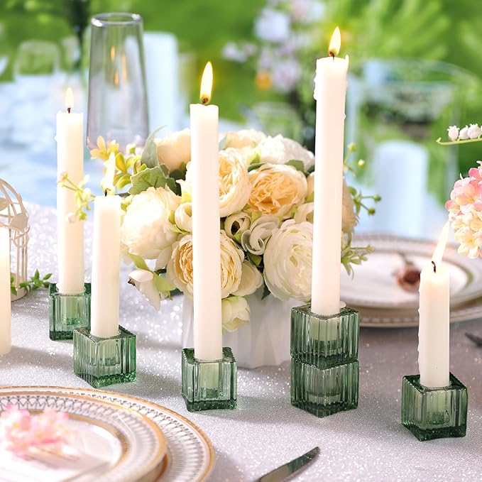 LETINE 12pcs Green Cube Taper Candle Holders - Ideal Candle Stick Holder Decor for Modern Wedding Table Centerpieces & Holiday Decor, Elegant Candlestick Set for Home Ambiance