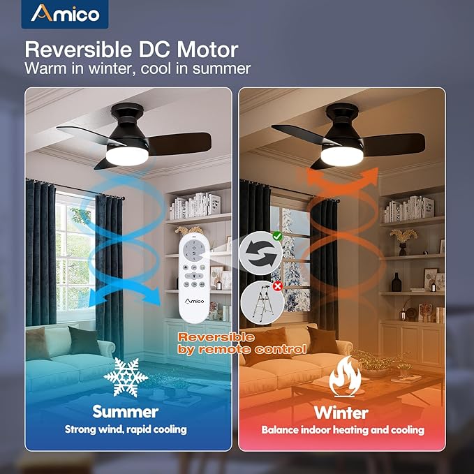 Amico Ceiling Fans with Lights, 30 inch Low Profile Ceiling fan with Light and Remote Control, Flush Mount, Reversible, 3CCT, Dimmable, Noiseless, Black Ceiling Fan for Bedroom, Indoor/Outdoor Use