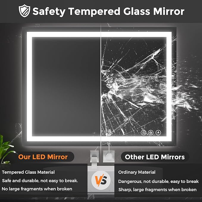 Koonmi 24x36 LED Bathroom Mirror, Backlit + Front Lit, LED Bathroom Mirror with Lights for Wall, 3 Colors, Anti-Fog, Dimmable Brightness, Memory Function, Tempered Glass