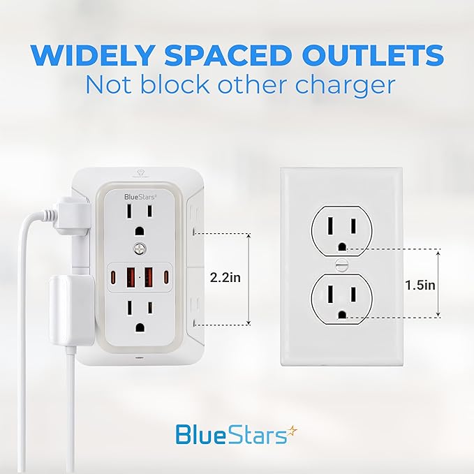 Wall Mount Power Strips Wall Charger 6 Outlet Extender 4 USB Ports (5V, 2.4A, 12W) and Night Light 3-Sided Power Strip with Adapter Spaced Outlets - Multi Plug Outlet Surge Protector for Home Office