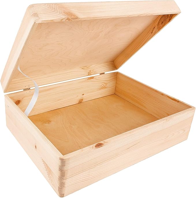 XL Large Wooden Storage Box with Hinged Lid | 15.8x11.8x5.5 inches (+-0.5) | Plain Unpainted Gift Box Tool Toy Kitchen Clothes Jewelry | Rough & UNSANDED Wood Keepsake