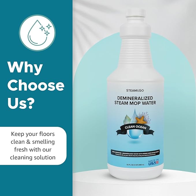 Steam & Go Demineralized Water - Multisurface Cleaner, PVC-Free Ready-to-Use for Mops & Floor Steamers - Ideal for Kitchen, Bathroom, & Home Surfaces - Clean Ocean Scent - 32oz (Pack of 18)