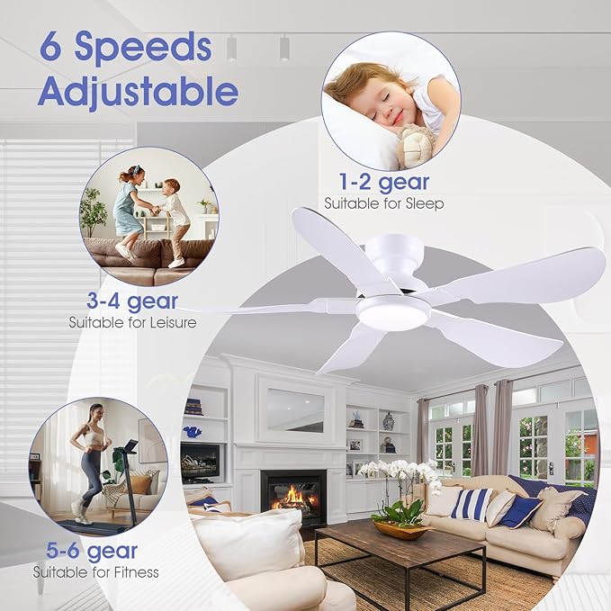 52 Inch Modern Ceiling Fans with Lights, Flush Mount Ceiling Fan with Light and Remote/APP Control, 5 Reversible 6 Speeds Curved Blades, 3 CCT Dimmable Lights for Bedroom, White