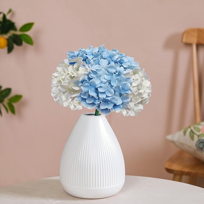 20 Pcs Blue and White Hydrangea Artificial Flowers Bulk, Faux Hydrangea Flowers Heads, Artificial Fake Silk Hydrangea Flowers with Stems, White Flowers Artificial for Decoration Wedding Décor