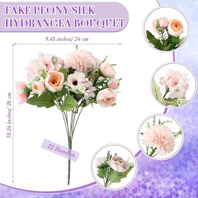 Tigeen 12 Bundles Peonies Artificial Flowers Faux Roses Silk Flowers Hydrangea Artificial Bouquet for Wedding Table Centerpiece Floral Vase Home Office Bridal Decor (Purple,Pink)