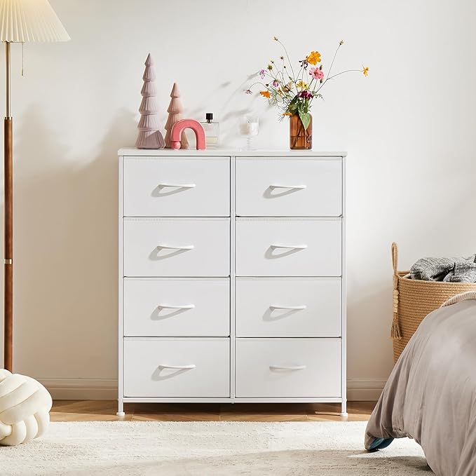 Sweetcrispy Dresser for Bedroom, Chest Organizer Unit with 8 Fabric Bins, Fabric Storage Tower, Drawer Organizer with Steel Frame, Wooden Top for Nursery, Living Room, Closet