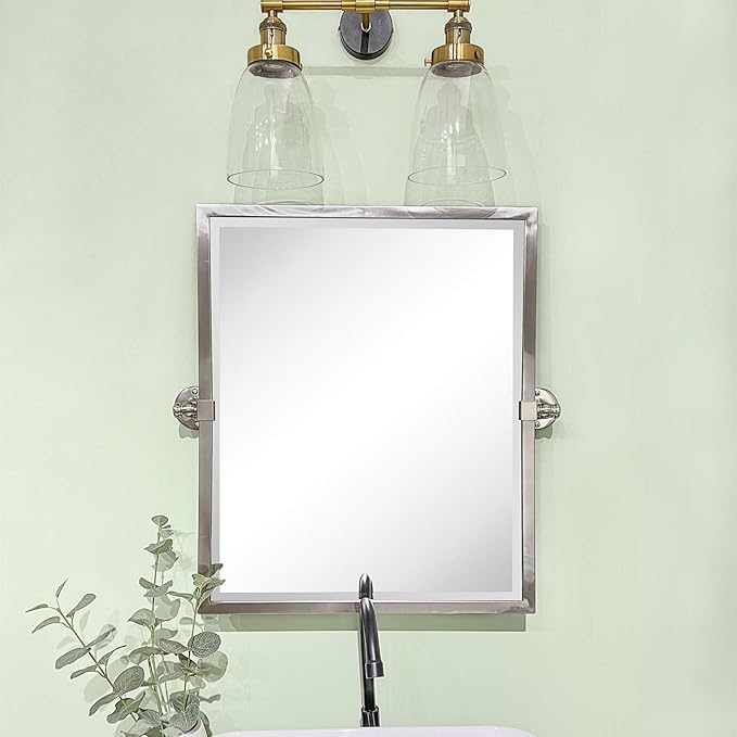TEHOME Pivot Mirror Brushed Nickel Tilt Rectangle Bathroom Mirror Tilting Metal Framed Beveled Vanity Mirrors, Overall 23.9 x 24 inches (Mirrror 20 x 24 inches)