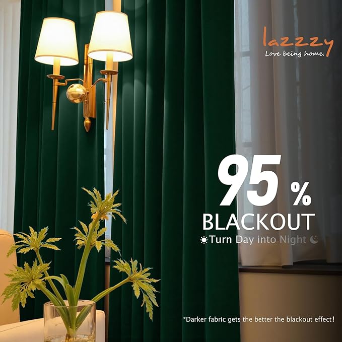 Lazzzy Velvet Blackout Curtains Thermal Insulated Room Window Drapes Super Soft Luxury Curtains for Living Room Bedroom Rod Pocket 2 Panels, Emerald Green, 52" W x 72" L