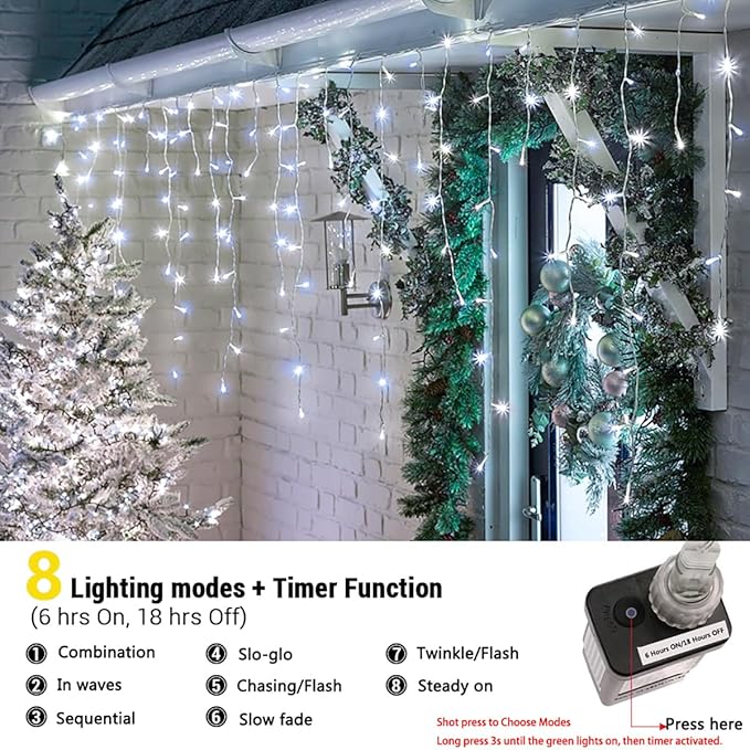 Toodour Christmas Icicle Lights Outdoor, 1224 LED 100ft 8 Modes Fairy Icicle String Light with 204 Drops, Led Christmas Lights Twinkle for Holiday, Party, Wedding, Eaves, Xmas Decorations (White)