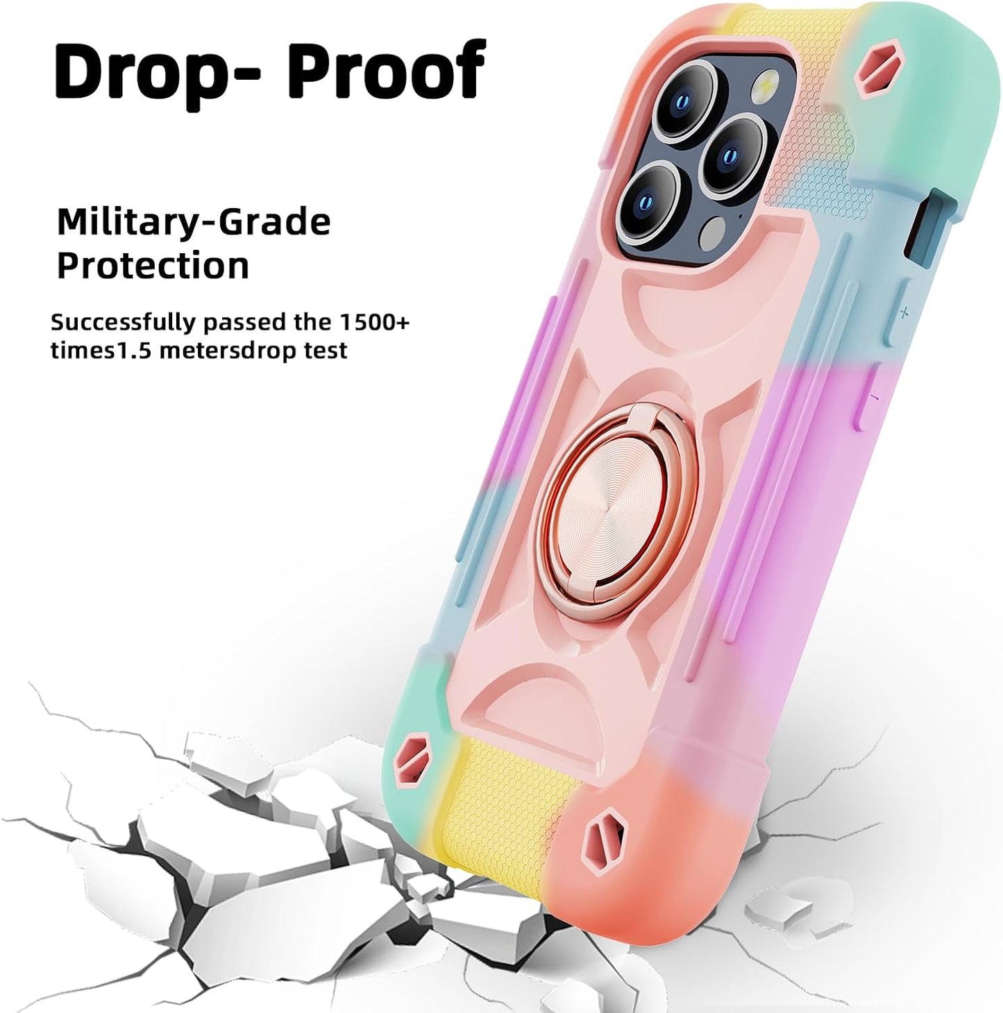 iPhone 15 Pro Max Case 6.7", Heavy-Duty Shockproof Military-Grade Rugged Cover with Ring Stand and Protectors - Rainbow