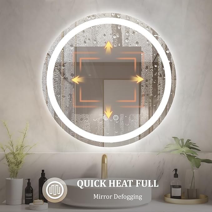 WallBeyond LED Bathroom Mirror with Lights, 24'' Round Light Up Bathroom Mirror for Wall with Front and Backlit, Anti Fog Led Mirror for Bathroom, 3 Colors and Dimmable Light