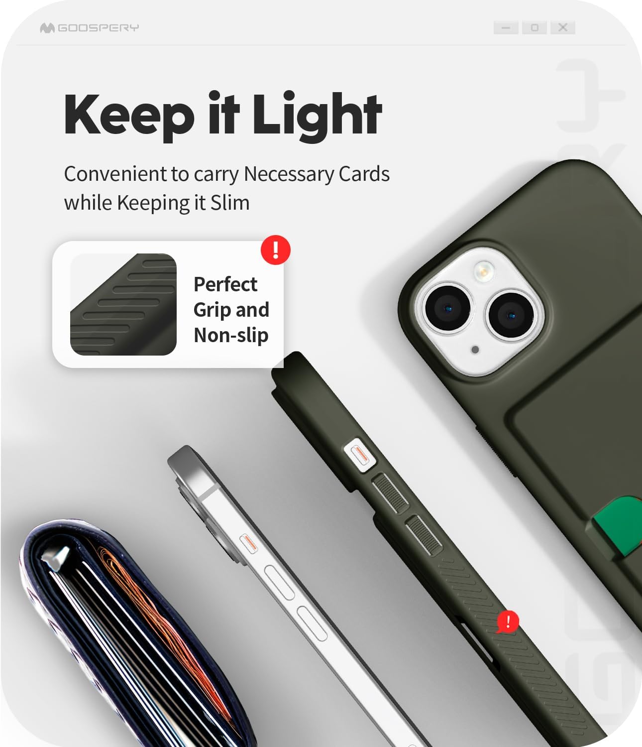 GOOSPERY Rail 2 Card Case Wallet for iPhone 15, Light Silicone + Soft Protection, Dark Green