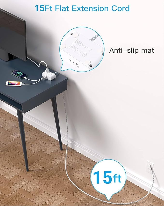 Extension Cord 15 Ft, HANYCONY Ultra Thin Flat Plug Power Strip with 3 Outlets 3 USB Ports (2 USB C), Wall Mount, Multi Plug Outlet Extender Desk Charging Station for Travel Dorm Room Essentials