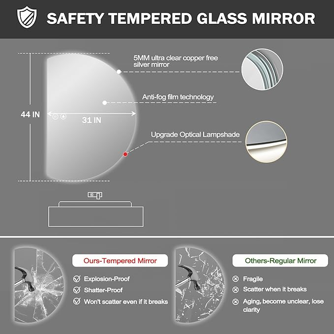 LED Bathroom Mirror with Lights, 44×31Inch Anti-Fog Backlit Vanity Mirror-Half Circle Mirrors with 3-Color, Dimmable Brightness, Shatter-Proof Decor Vanity Mirror