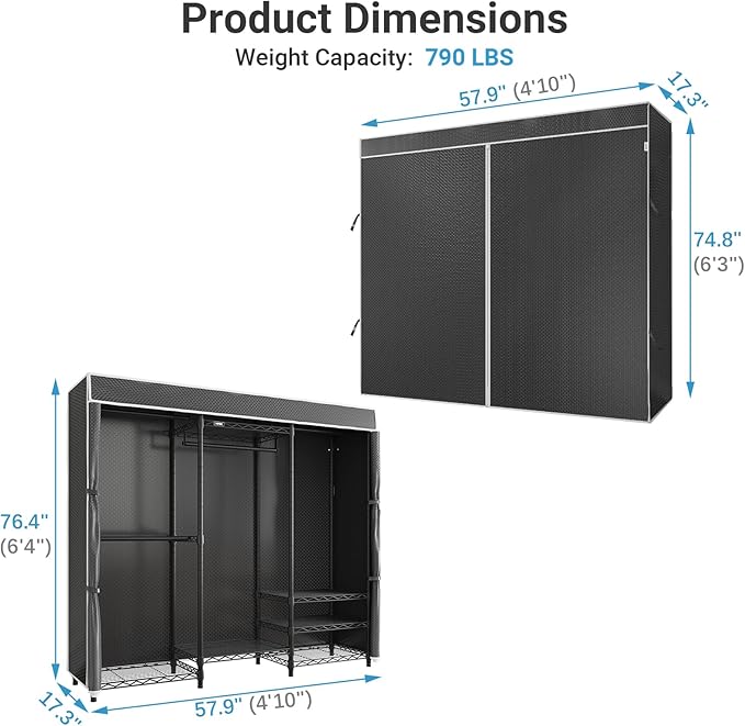 VIPEK V5C Medium Covered Clothes Rack Heavy Duty Portable Closet Wardrobe, Freestanding Black Clothing Rack with Black Upgarded Polyester Cover, Adjustable Custom Closet Rack, 57.9" Lx17.3 Wx76.4 H