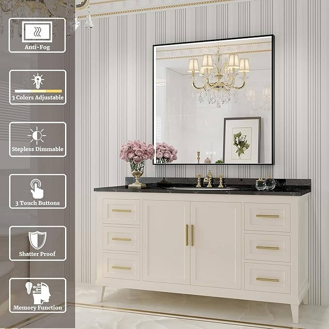 32x32 Inch LED Bathroom Mirror, Black Metal Framed Lighted Mirror for Bathroom, Wall Mouted LED Vanity Mirror with Lights, 3 Colors and Stepless Dimmable, Anti-Fog, Memory