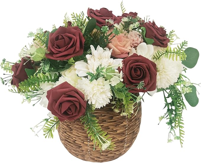 Artificial Flowers 25pcs Fake Roses, Burgundy Foam Rose Faux Flower for DIY Wedding Bouquets Bridal Shower Centerpieces Floral Arrangements Home Decorations Party Backdrops Table