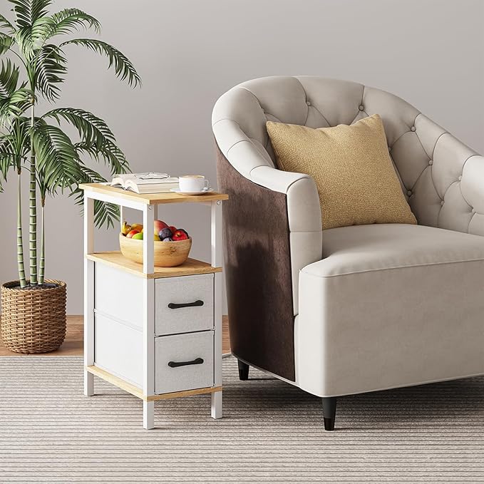 Narrow Side Table for Small Spaces, Skinny End Table with Charging Station, Sofa Beside Table with 2 Fabric Drawers and 1 Open Compartment, Slim Nightstand with USB Ports Outlet, White and Nature Wood
