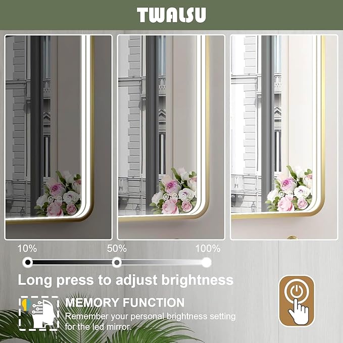 LED Bathroom Mirror with Lights, 40x28 Inch Gold Metal Framed LED Mirror for Bathroom, 3 Colors and Stepless Dimmable Wall Mounted Lighted Bathroom Vanity Mirror, Anti-Fog, Memory